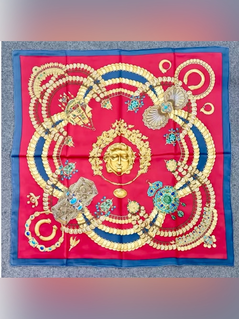 100%silk Lux Red Medallion Silk-Style Scarf with Gold Motif 90 x90cm. Brand new.